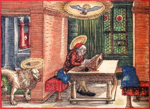 Bild: Der Evangelist Markus, handkolorierter Holzschnitt aus der Lutherbibel von 1534